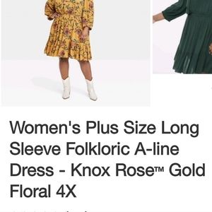 Women's Plus Size Long Sleeve Folkloric A-line Dress - Knox Rose™ COLOR: Gold Fl